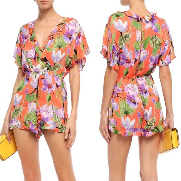 NWT Alice + Olivia Sachi Floral Palm Coral Romper Size 0 - Picture 1 of 14